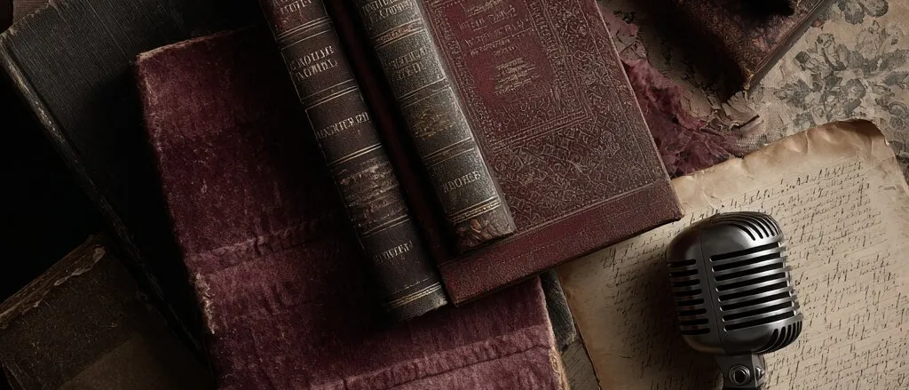 Old leather-bound books in red and grey on a dark table, with handwritten pages and a chrome vintage microphone