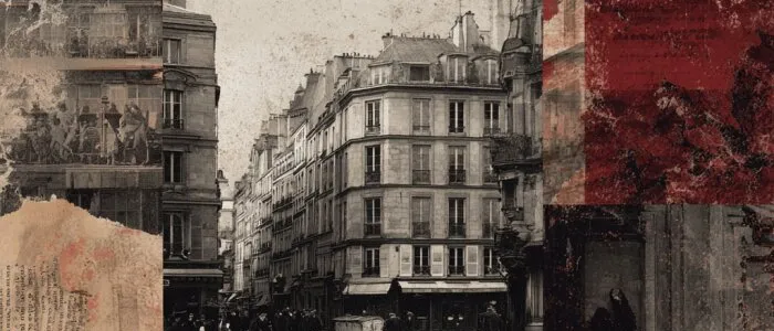 Collage of a sepia Paris street corner with pedestrians, torn newsprint and blotchy dark red panels