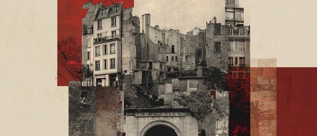 Collage of sepia buildings stacked above a stone archway with men in coats, a grey moon and textured red panels