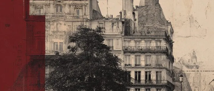 Sepia Parisian square with ornate apartment buildings, a large tree and passers-by, a dark red band at the left