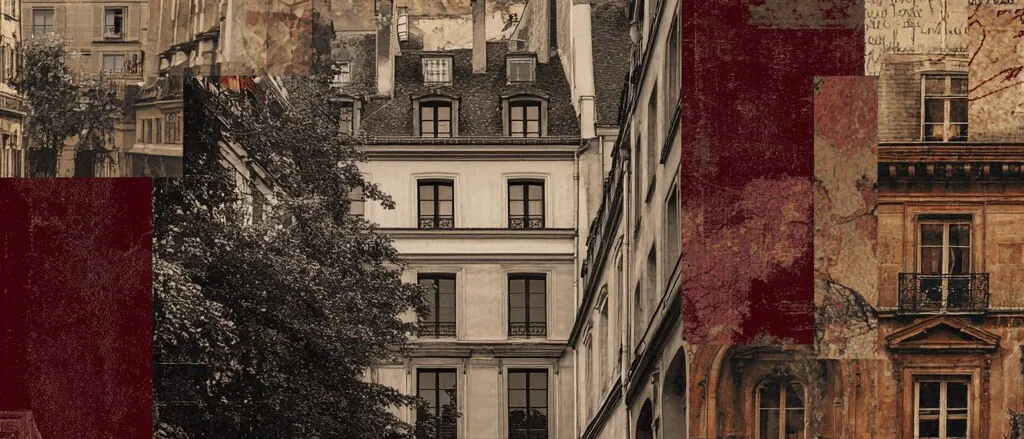 Collage of sepia Paris apartment facades, a tree and stone steps, with dark red panels and handwritten script