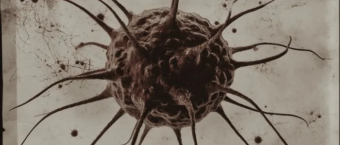 Sepia rendering of a single spiky cell with long tendrils floating over stained, cracked paper