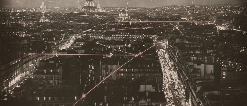 Sepia night view over lit Paris rooftops towards the Eiffel Tower, crossed by thin glowing pink lines