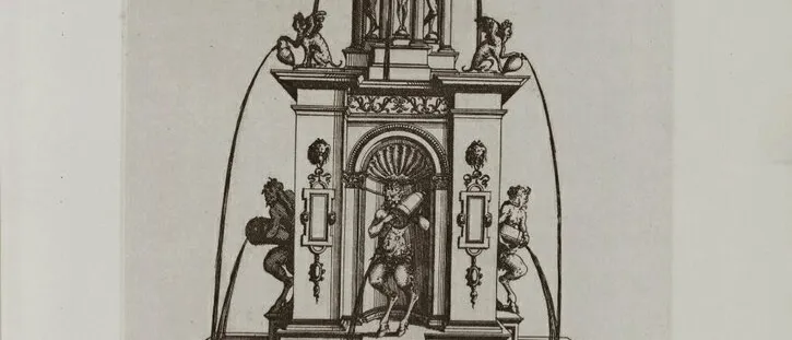 Sepia engraving of an ornate tiered fountain with satyr and sphinx figures spouting water into a stepped basin