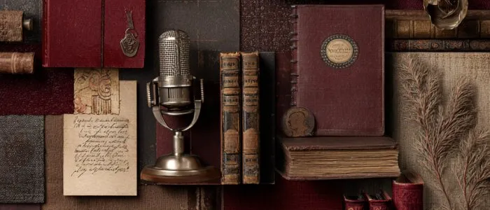 Vintage chrome microphone among red and brown leather books, handwritten letters, a small cabinet and dried flowers