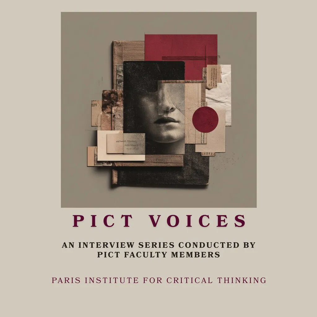 Cover of PICT Voices: a paper collage in grey, tan and red around a woman's face, her eyes hidden by a dark panel