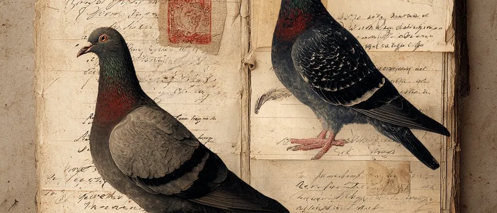 Two grey pigeons with iridescent necks painted over an open, worn notebook of handwritten pages with a red stamp