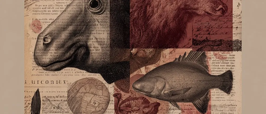 Collage of old animal engravings, a large hippo-like head, a red-tinted bear and several fish, over printed pages