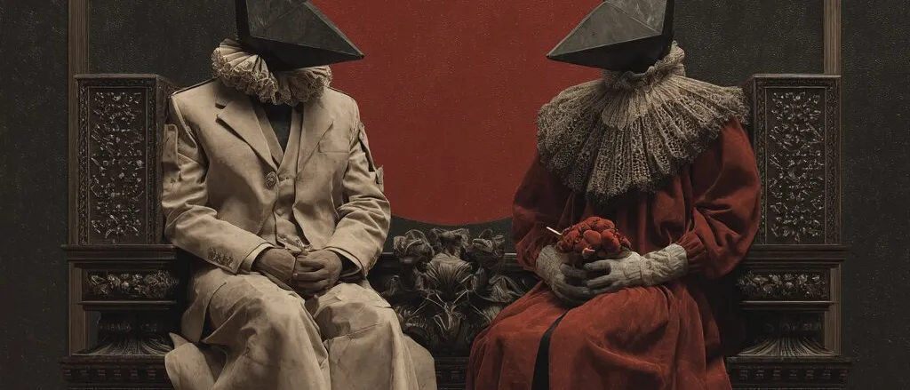 Two figures in ruffled collars and angular black masks seated on a carved bench before a red disc