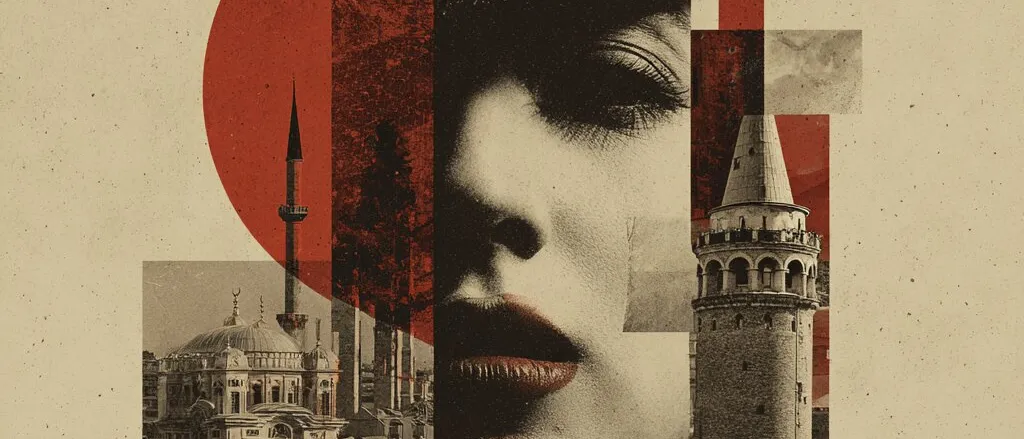 Collage in cream, black and red: a woman's face in vertical strips between a domed building with a minaret and a round stone tower.