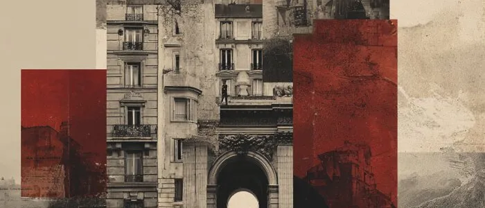 Collage of sepia Paris facades around a stone archway with two small figures, a red half-sun and red panels