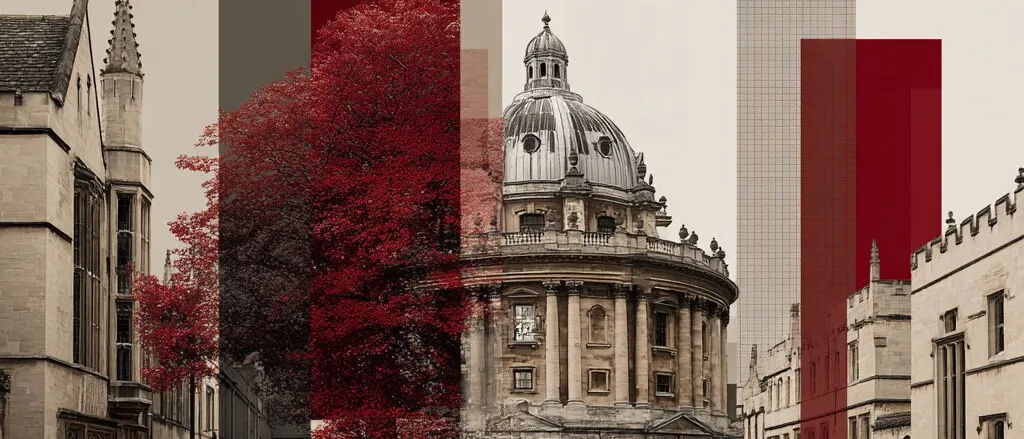 Collage of a domed classical rotunda and stone college buildings on a cobbled street, with a red-tinted tree and red bars