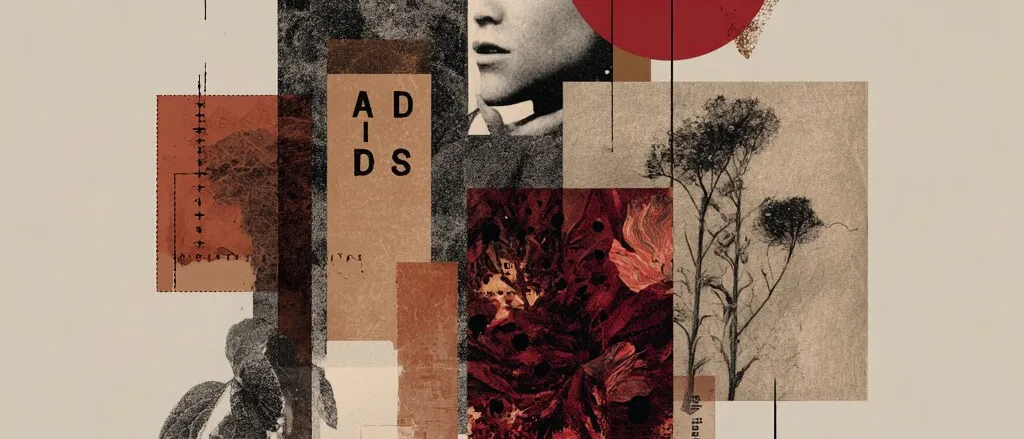 Collage on beige: a black-and-white face, stencilled letters, plant silhouettes, a red circle and rust and red panels