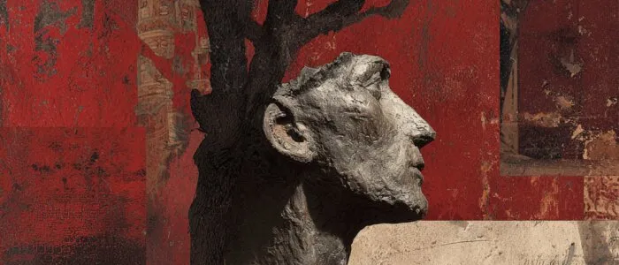 Rough grey sculpted bust of a gaunt man in profile before a bare black tree on mottled red and beige paper