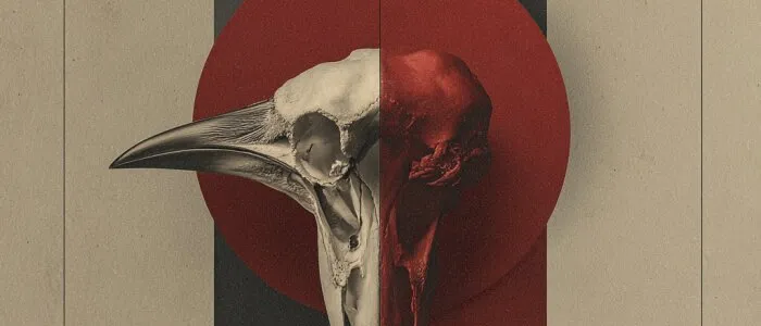 Bird skull split down the middle, half bone-white and half red, on a red circle and dark grey band on beige