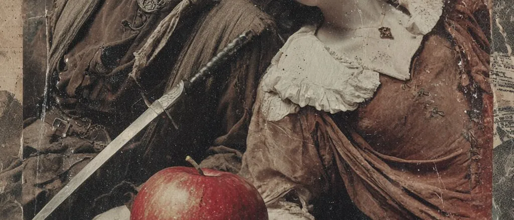 Collage of a young man and woman in period dress slumped asleep side by side, with a sword, a red apple and torn paper