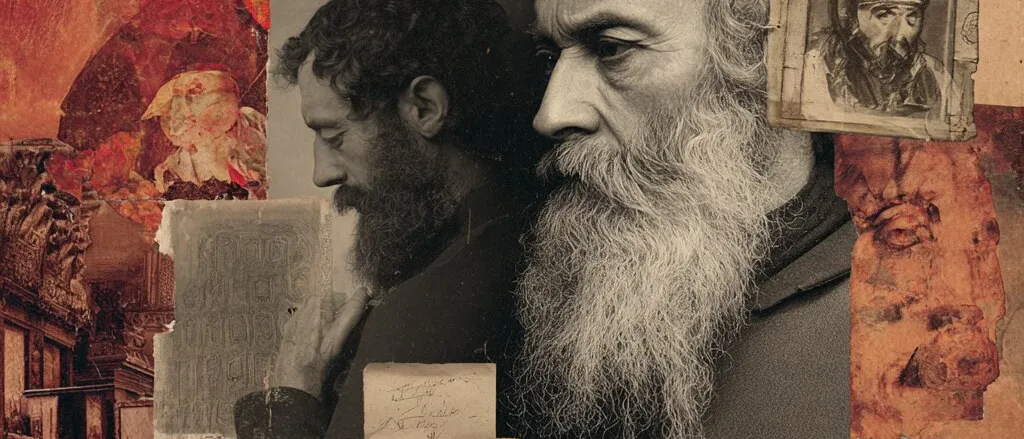Collage of two bearded men in profile, one dark-haired, one white-haired, among handwritten pages, books and red flowers