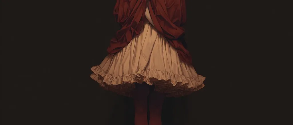 Painting of a dancer in a pale mask and dark red draped cape over a cream ruffled skirt, standing en pointe on a black ground
