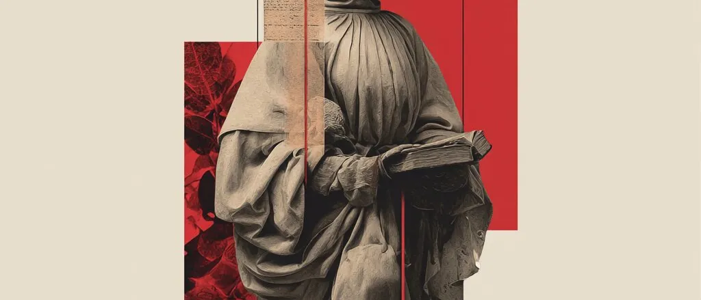 Collage of a hooded, robed figure holding a book, set against red blocks, foliage and strips of handwritten paper