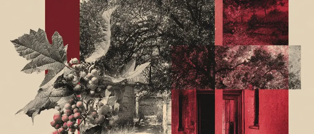 Collage of black-and-white and red-tinted photos of trees, a garden path and an open doorway, with vine leaves and berries
