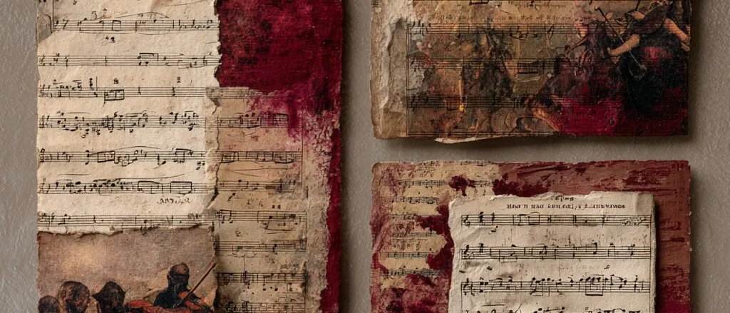 Collage of torn, aged sheet music on dark red patches, with small painted scenes of string players, on a grey wall