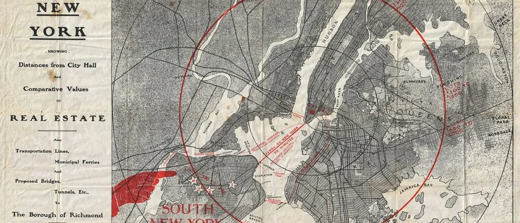 A 1906 circle map of Greater New York showing distances from City Hall, with a red ten-mile circle and a red pointing hand