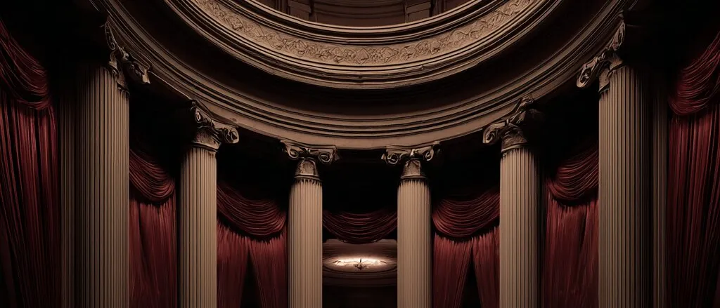 An empty, dimly lit theatre interior with fluted columns, red velvet drapes and a carved dome
