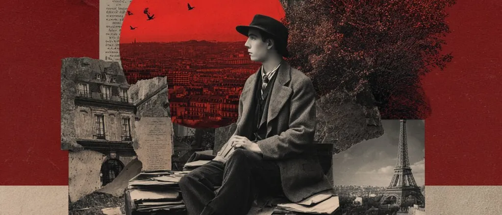 Collage of a young man in a hat seated on suitcases, with Paris buildings, a red sun with birds and the Eiffel Tower