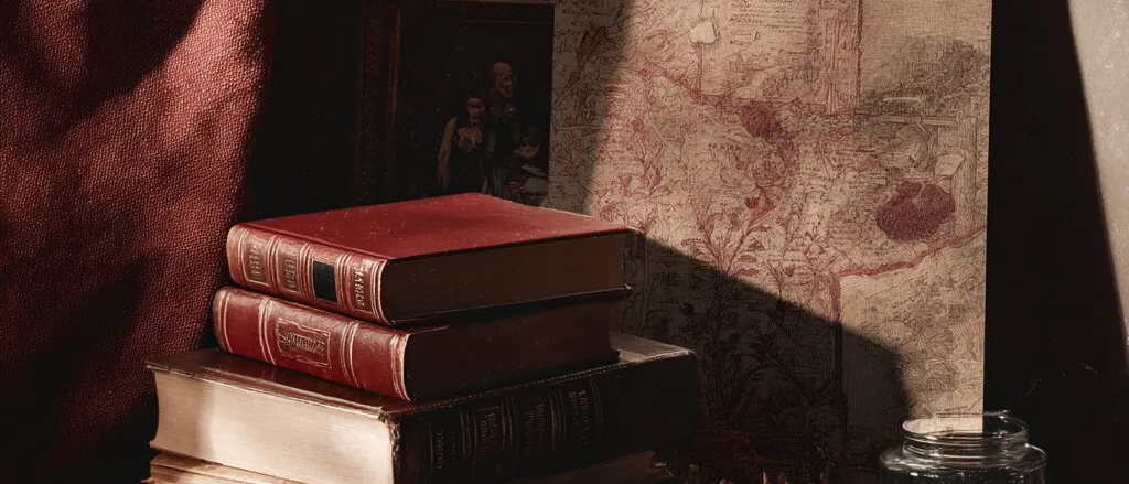 Still life of stacked leather-bound books, a faded old map, a glass jar and a dried seed pod on draped dark red cloth