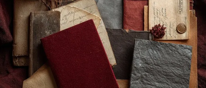 Overhead view of old notebooks, letters and papers in red, grey and tan, with dried leaves, laid on dark red fabric