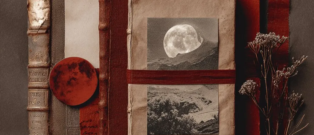 Old books and red papers with a black-and-white photo of a full moon over mountains, a red disc and dried flowers