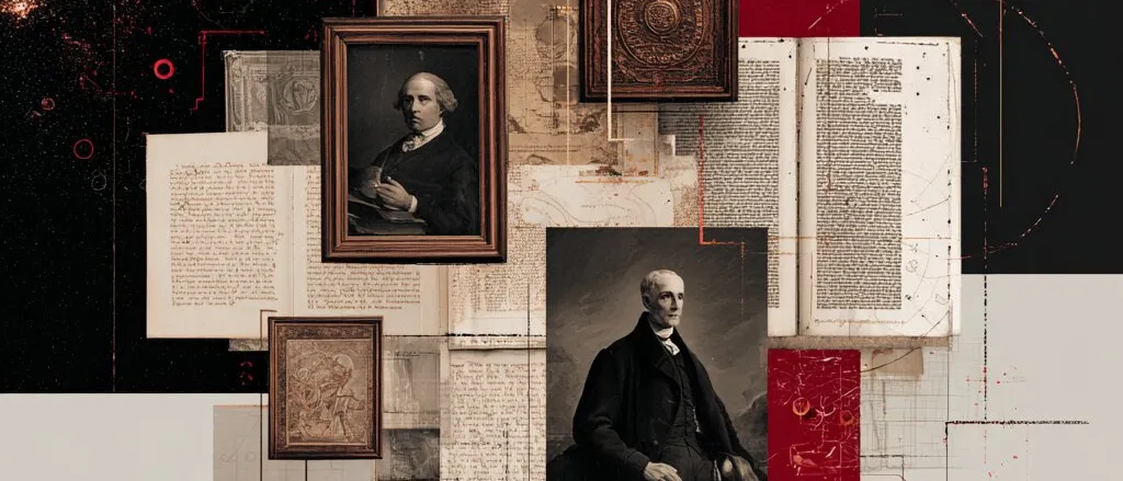 Collage of two old portraits of men in dark coats, open book pages and red bars on black and pale grey grounds