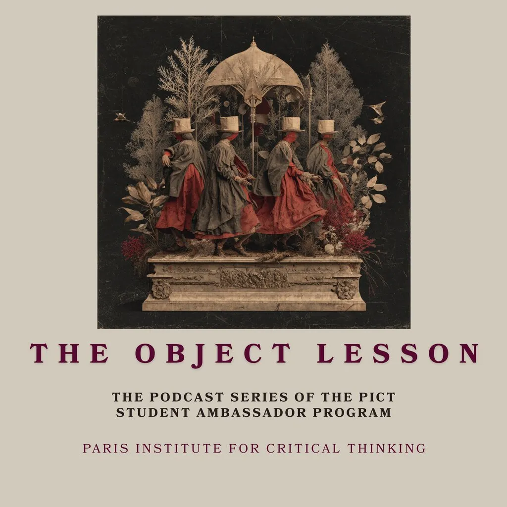 Cover of The Object Lesson: four figures in top hats and red skirts dancing on a stone plinth among pale plants