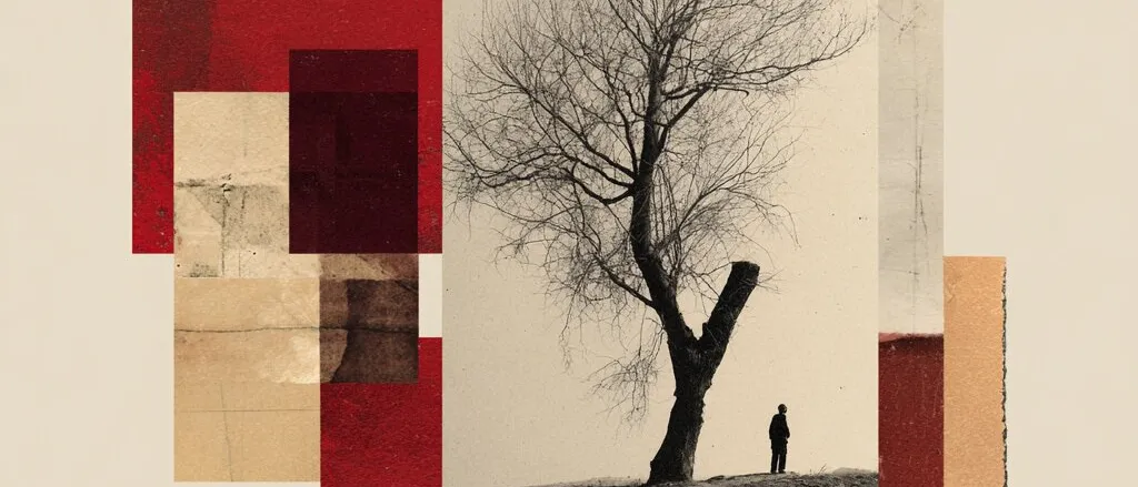 Black-and-white photo of a bare tree and a lone figure on a hill, framed by red and beige paper squares