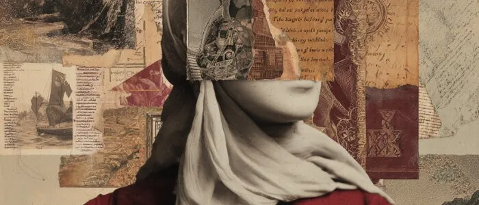 Collage of a veiled woman in a dark red garment, her eyes covered by a scrap of old script, over sepia landscapes and texts