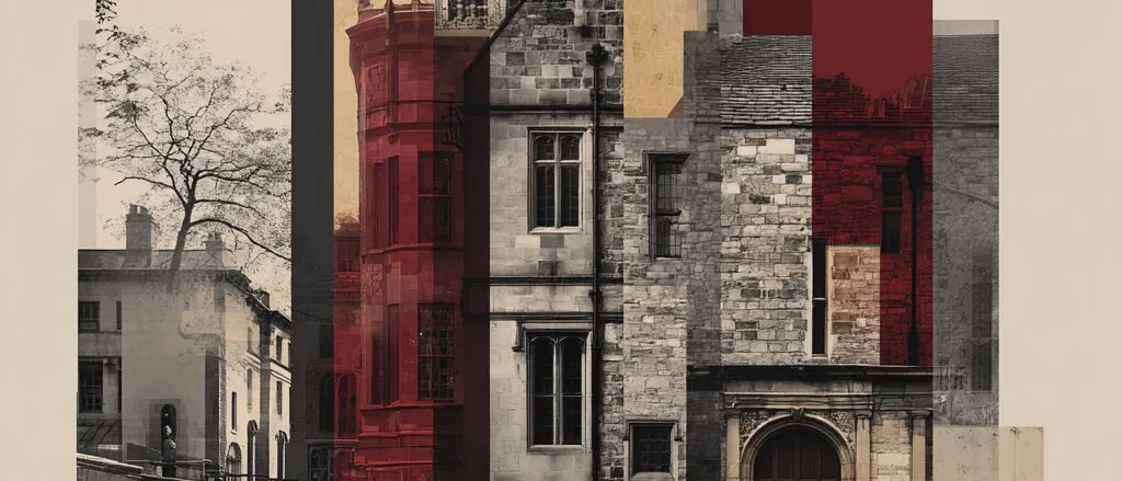 Collage of old stone and red-tinted buildings with gothic windows and an arched door, a bare tree and red and tan bars
