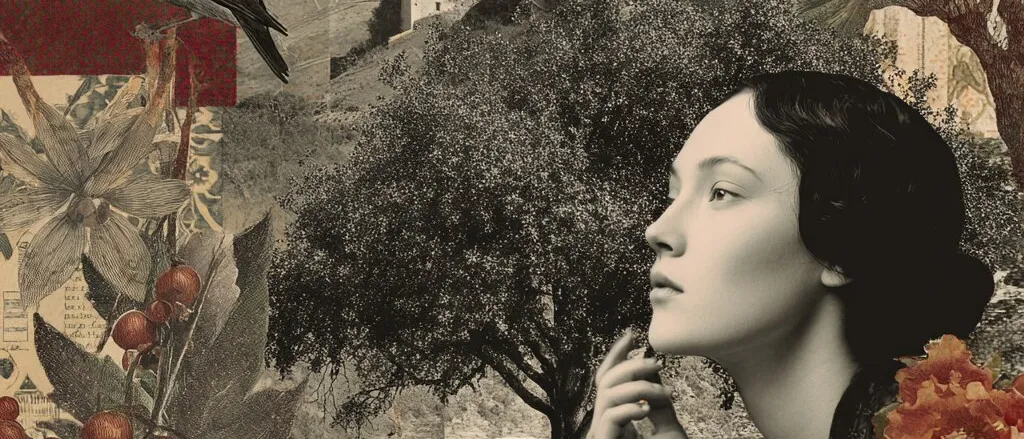 Collage of a dark-haired woman in profile among flowers and berries, with a bird, a tree and a ruined hilltop village