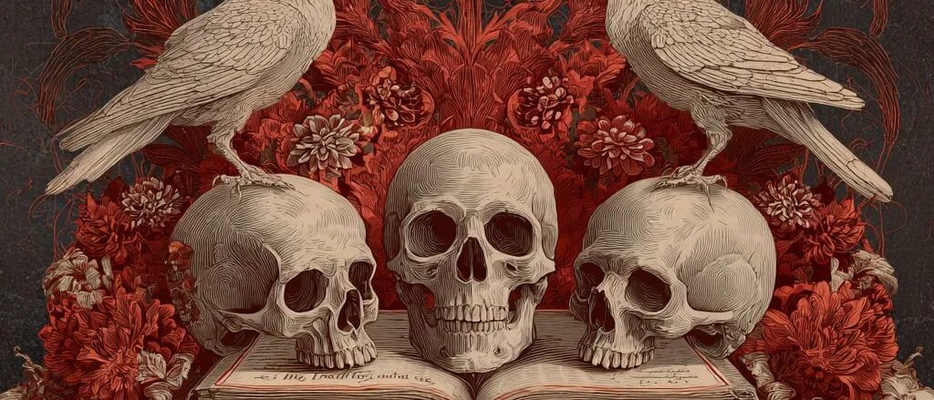 Three engraved skulls on an open book, two white birds perched on the outer skulls, set against dense red flowers and ornament.