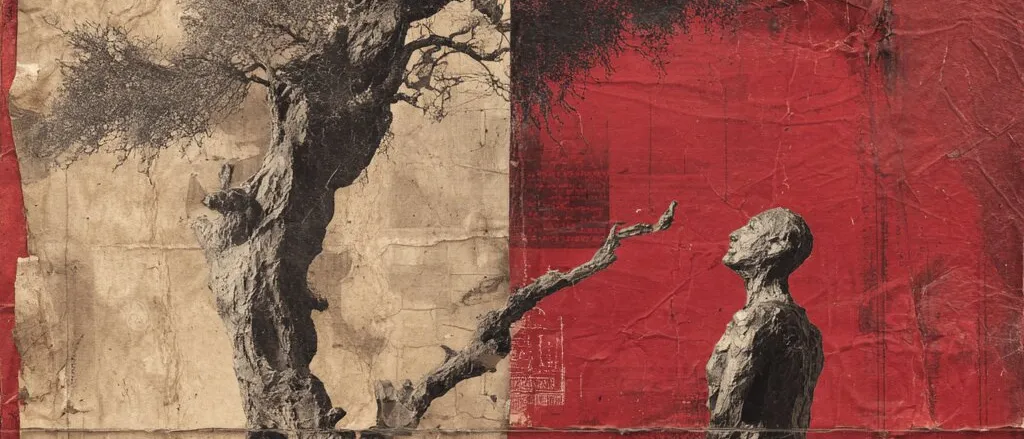 Collage of a gnarled tree on crumpled cream and red paper, with a rough sculpted figure of a man looking up at a branch
