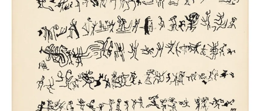 Rows of small, dancing ink figures drawn across a sheet of paper