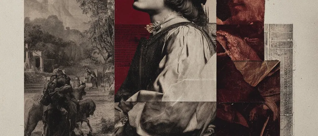 Collage of a young man in a black cap in profile, an engraved scene with horses and red-tinted classical figures