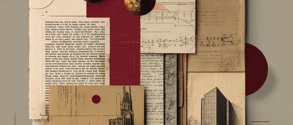 Collage of typed pages, sheet music, two planet-like spheres, engravings of a spired building and a tower block on dark red