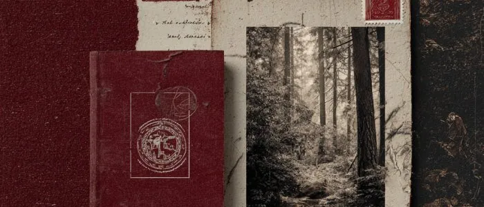 Small dark red book, a stamped old letter and a sepia photo of a forest, laid over red cloth and a dark forest image