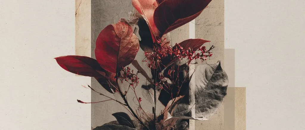 Sprig of dark red and grey leaves with small red flowers, collaged over beige and grey paper rectangles on a pale ground