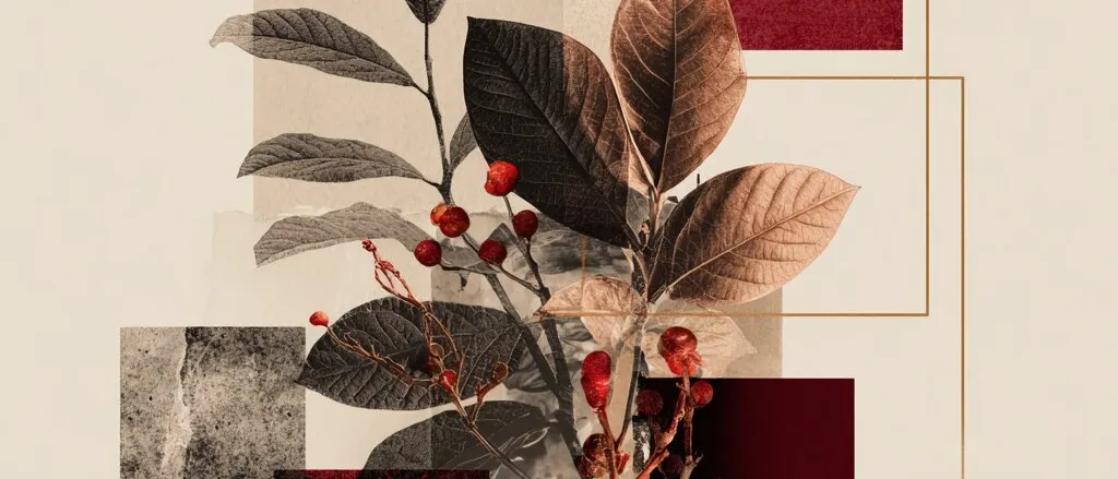 Leafy branch with red berries in brown, grey and copper tones, collaged over beige, red and grey squares and a red dot
