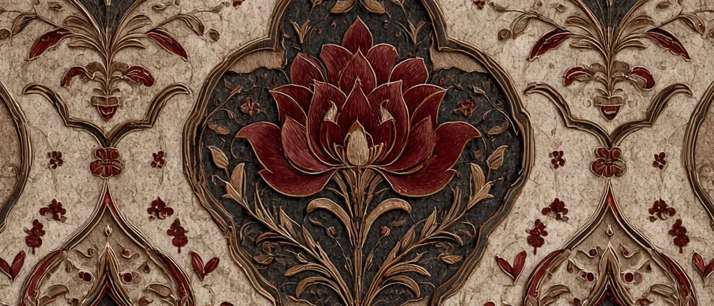 Ornamental pattern of red lotus-like flowers in dark arched medallions with gold outlines on a textured beige ground