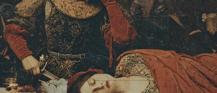 Old-master style collage: a man in a brocade tunic holds a knife over a woman lying with eyes closed, beside a red apple