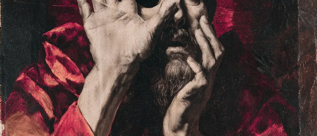 Painting of a bald, bearded man in a red robe looking upward, one hand circling an eye that is a black hole