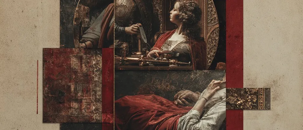 Collage of an armoured man with a knife beside a seated woman, and a figure lying under red drapery, in an arched frame