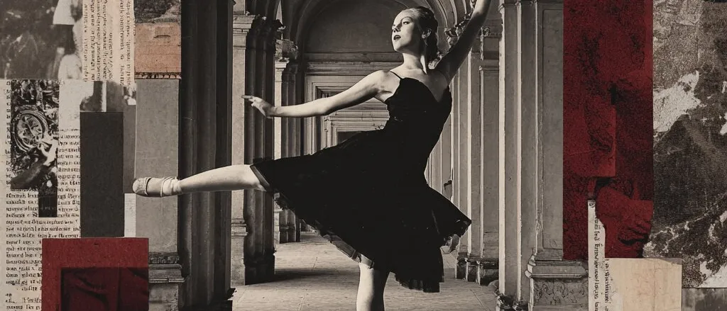 Black-and-white photo of a ballerina en pointe in a black dress under a vaulted arcade, framed by red and newsprint scraps